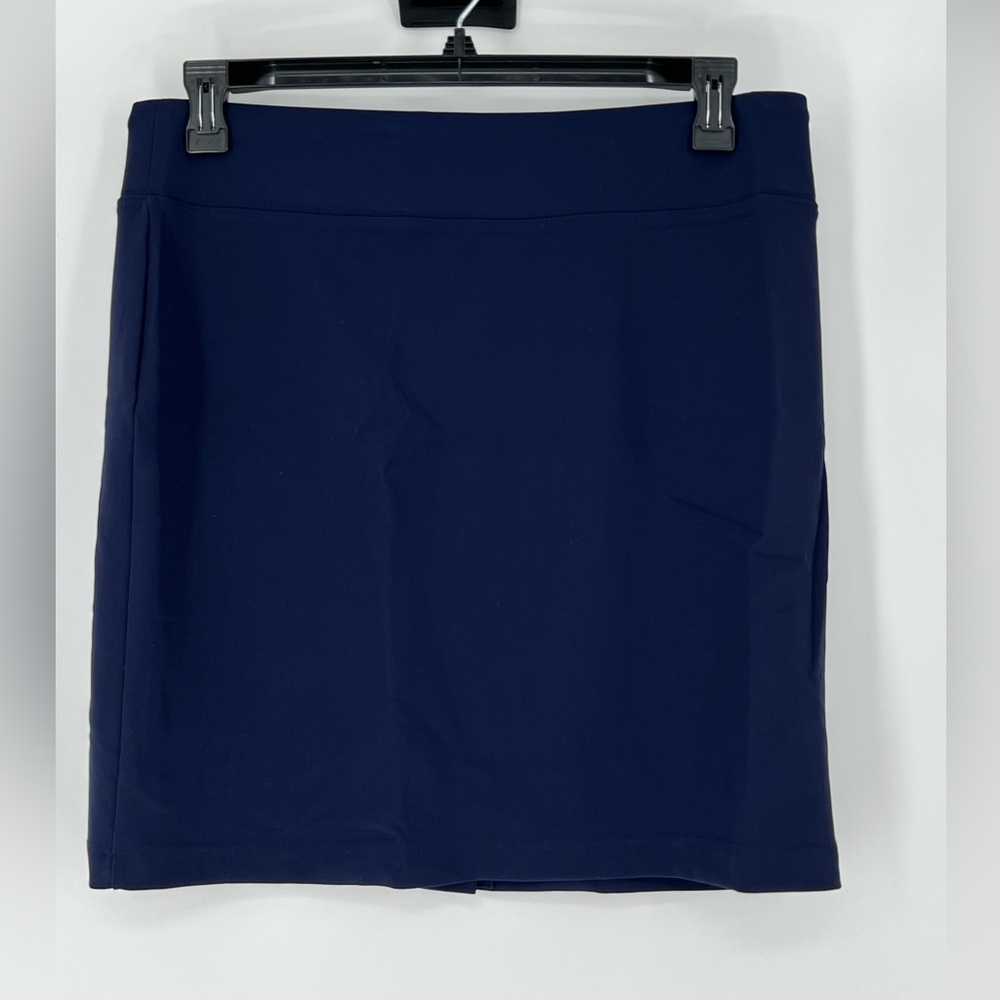BOSTON‎ PROPER TRAVEL SKIRT IN NAVY PULLS ON, BACK SLIIT, POLY SPANDEX BLEND
